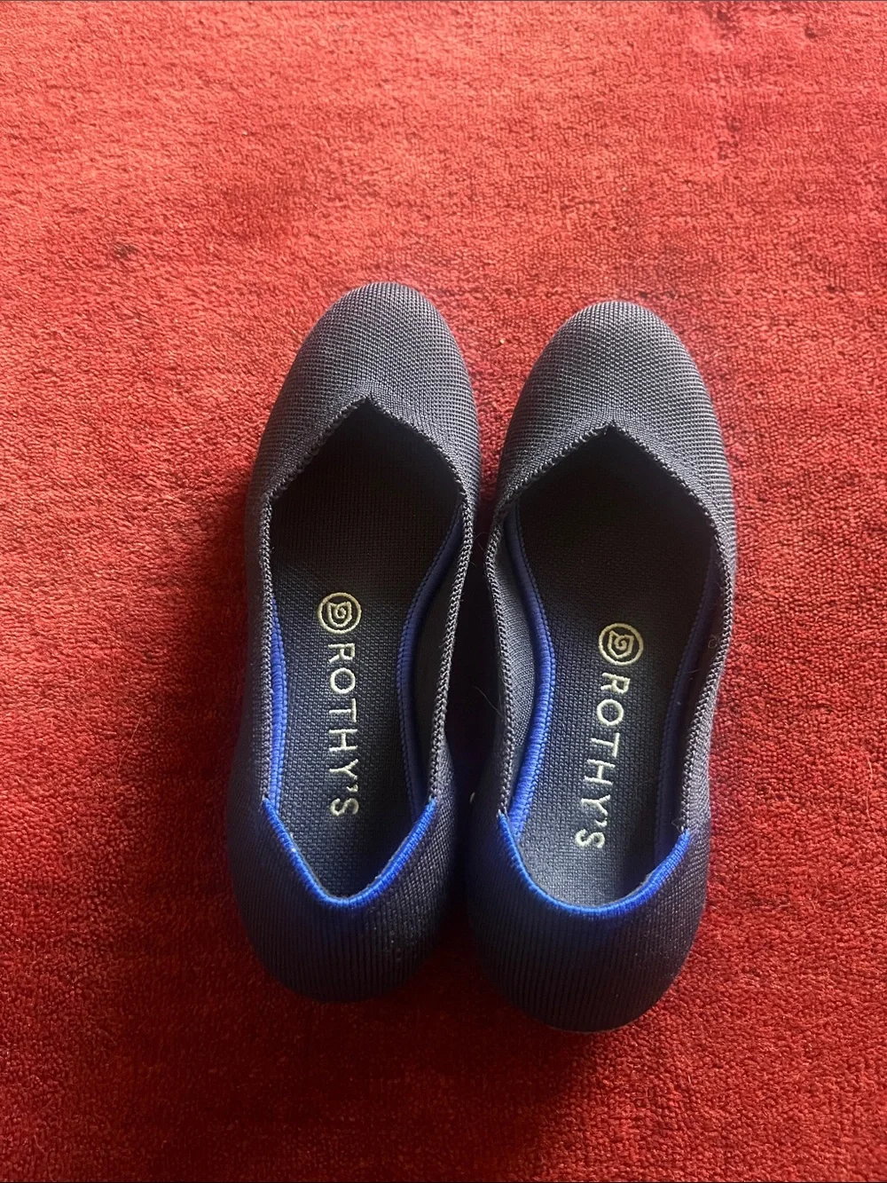 Rothy's Black Knit Pointed Flats with Blue Trim and Lime Insoles